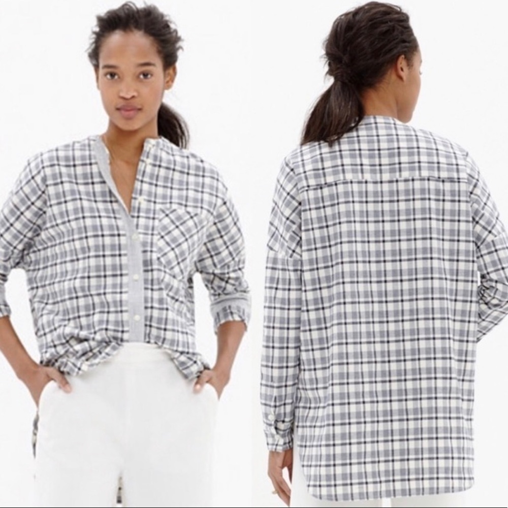 Madewell Plaid Collarless Messenger Long Sleeve T-Shirt